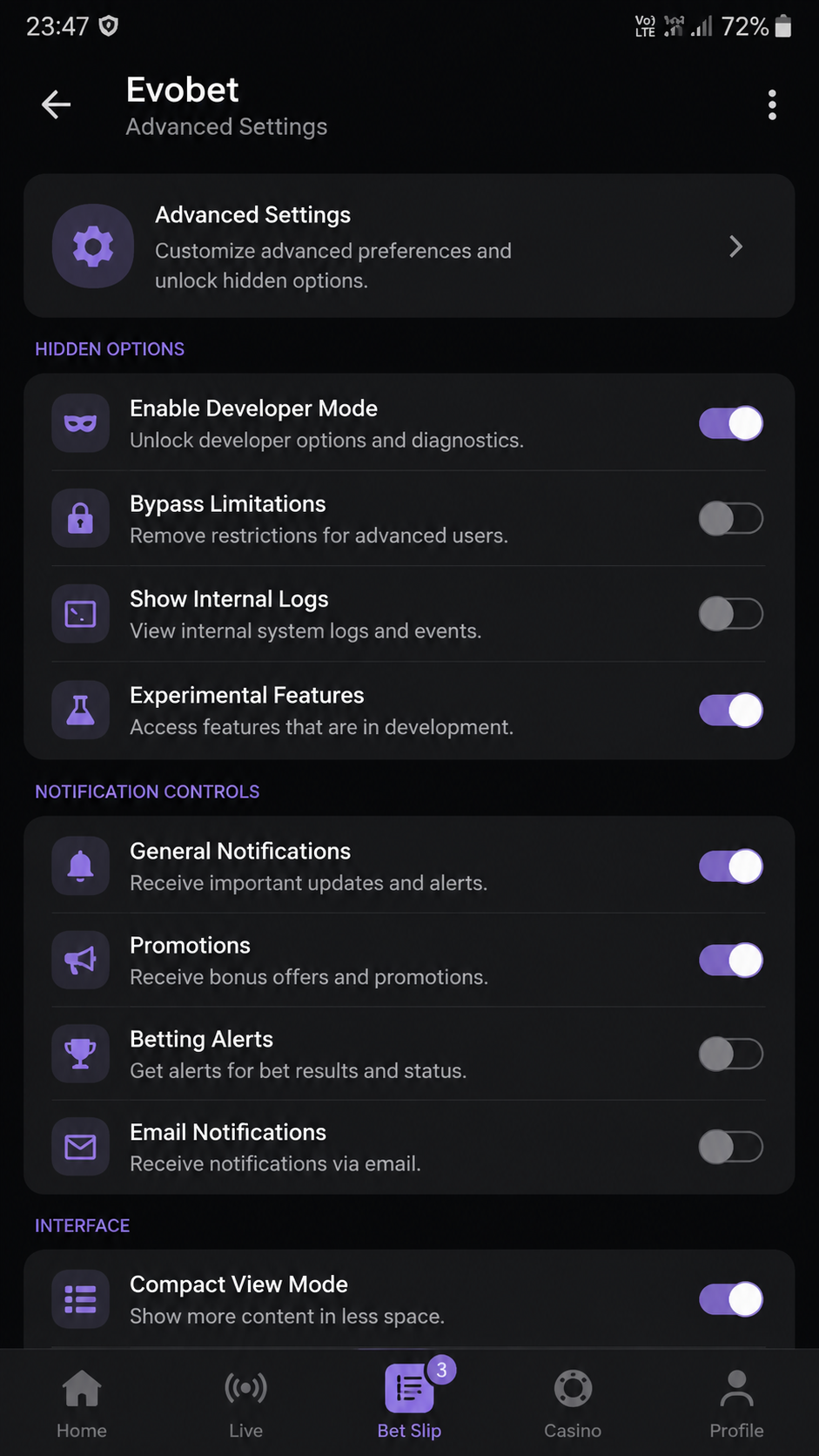 Evobet screenshot